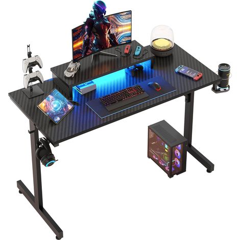 Bureau gamer LED 106cm avec support réglable – Structure en T robuste – 2 crochets pour accessoires – Porte-gobelet pliable – Ambiance lumineuse personnalisable