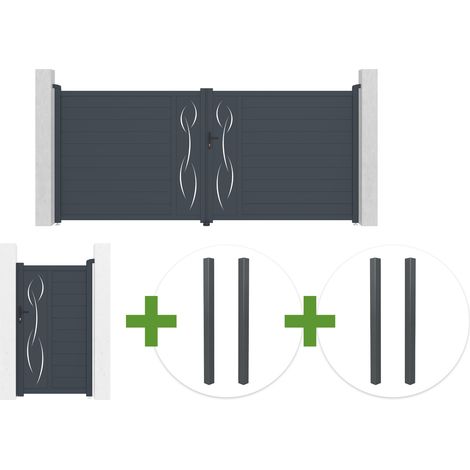 Portail battant 4m LIFE H.180cm aluminium gris + Portillon 1m LIFE H.180cm + 4 poteaux ELDA (1/5)