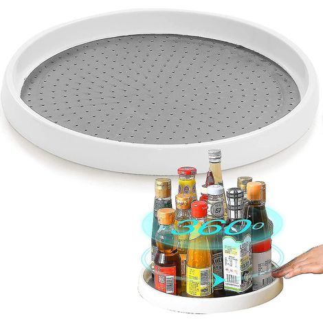 Drehbarer Schrankorganizer, drehbares Gewürzregal für optimale Küchenaufbewahrung, rutschfester Gewürzhalter, weißes Kunststoff-Aufbewahrungstablett.