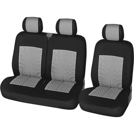 Housses de siège auto universelles (2+1), adaptées à la plupart des fourgonnettes et camions, pour un siège conducteur et deux sièges passagers, grises, avec motif de bande de roulement de pneu 3D. (1/5)
