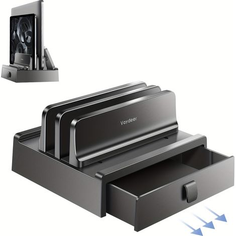 Support pour ordinateur portable avec tiroir, conception à double compartiment, boîte de rangement en plastique, gain de place. (1/5)