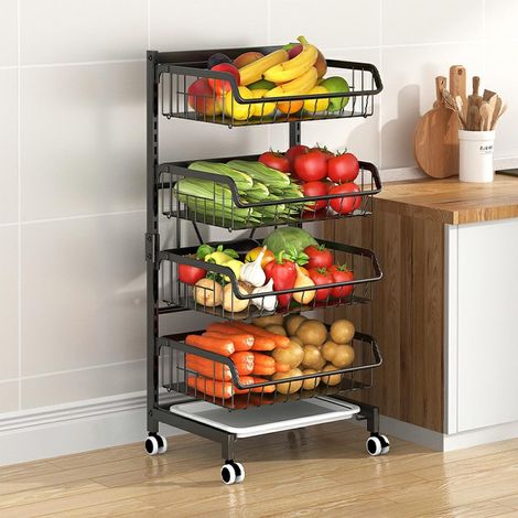 Étagère à légumes pour Cuisine, Panier à Fruits empilable, Chariot de Rangement avec roulettes verrouillables et Plateau, pour Salle de Bain, Cuisine, Bureau (Fer)