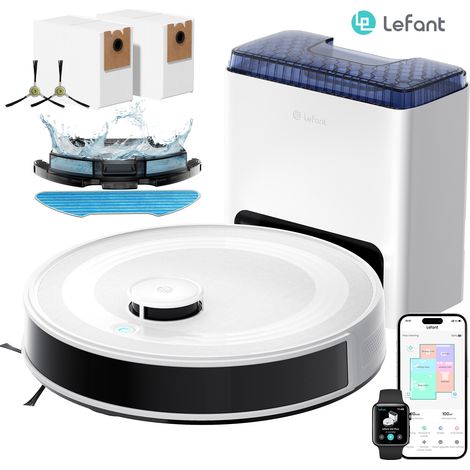 Lefant M2L Plus Aspirateur robot Laveur avec Station Auto-Vidange,  3 en 1, 6000Pa, Vidange Automatique, Zones Virtuelles,Navigation Laser avec Cartographie, Idéal pour Les Sols,Tapis Poils d'animaux