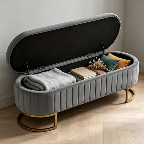 Panca contenitore in velluto da 130 cm con gambe in metallo dorato, per camera da letto e ingresso, grigio chiaro (1/5)