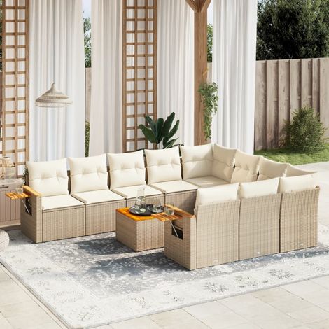11-tlg. Garten-Sofagarnitur mit Kissen Beige Poly Rattan (1/3)