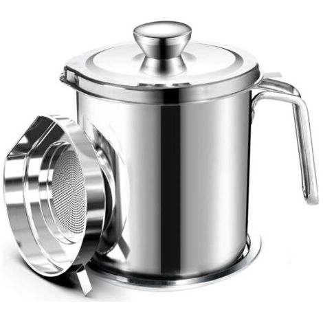 Oil Pot de graisse pour bidon de stockage en acier inoxydable avec bidon de 2 litres en Couvercle anti-poussière pour tamis à mailles fines Plaque antidérapante stockage d'huile de friture
