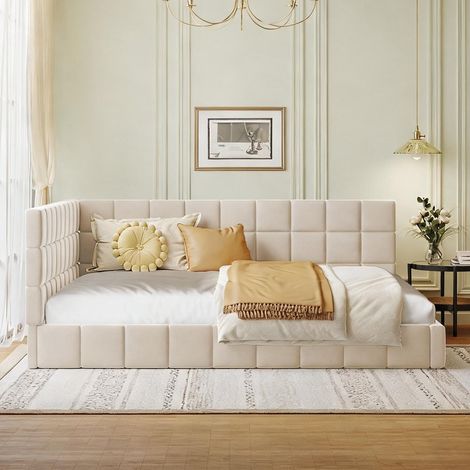 Cadre de lit beige en upholstered 206 x 148 x 62,5 cm (1/5)