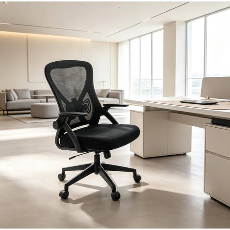 Sedia da ufficio ergonomica girevole, schienale regolabile, braccioli ribaltabili, nera OKMYHOME (1/5)