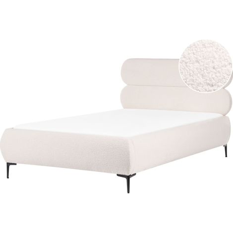 Letto matrimoniale con rete testiera in bouclè gambe in metallo nero camera da letto 120 x 200 cm bianco sporco Lessay (1/5)