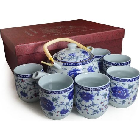 Service à thé en porcelaine de 887 ml, 6 tasses à thé, théière, café, bouilloire en céramique, cadeau de décoration de table (lot de 887 ml, tasses de 177 ml) (1/5)