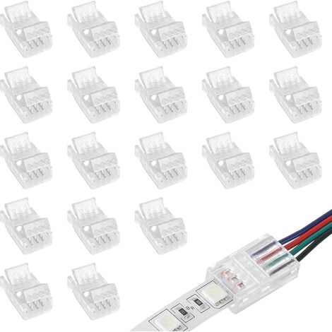 20 Pièces 10mm Connecteur LED, Connecteur de Bande LED à 4 Broches Light Band To Line Connecteurs Rapide, Transparent Connecteurs Sans Soudure pour Raccord Bande de LEDs RGB (1/5)