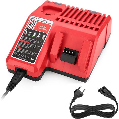 Chargeur rapide 3 A M12 & M18 compatible avec Milwaukee M12 & M18 12 V-18 V Li-ion 3 Ah avec affichage LED et protection multiple
