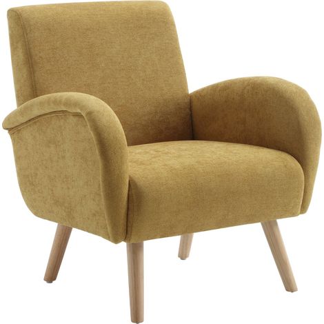 Wahson Fauteuil Relax en Chenille, Fauteuil Chambre avec Pied Bois Fauteuil Scandinave Rembourré pour Salon et Chambre, Jaune