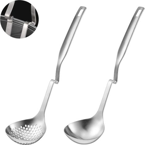 Ensemble de 2 pièces en acier inoxydable : louche et cuillère passoire, pour la maison, les restaurants et les buffets, couleur argent, 32 x 8,2 cm (1/5)