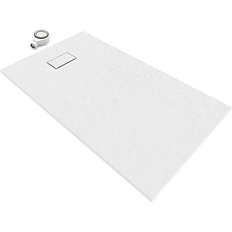 SMC piatto doccia 140 x 80 cm, piatto doccia piatto in resistente SMC con superficie antiscivolo e effetto ardesia/pietra con scarico con coperchio SMC – bianco (1/5)