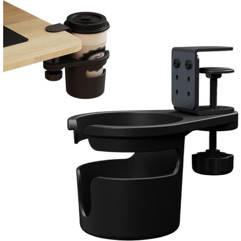 Support Gobelet Bureau, Adjustable Anti-Spill, 360° Rotating, Clamp Table Edge Accessory