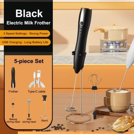 (noir/vert/blanc)Mousseur à lait Rechargeable - 2 têtes interchangeables - Acier inoxydable - 3 vitesses (1/4)