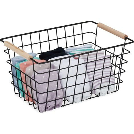 Relaxdays Cesta Metálica Rejilla Alambre Asas Madera, Canasto Almacenaje Rectangular, 16x31x21cm, Negro