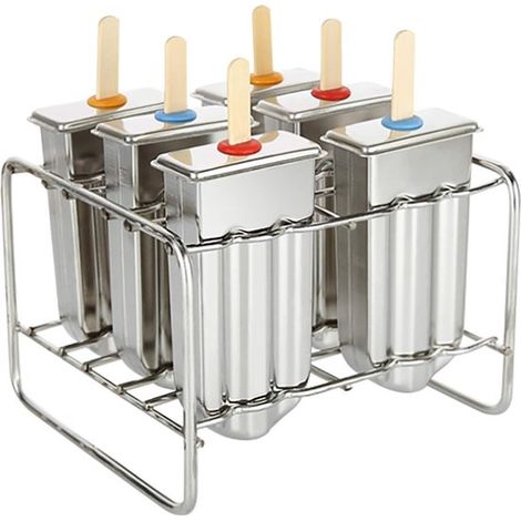 Moldes de acero inoxidable para polos - Moldes metálicos para hielo - Juego de 6 - Con soporte - Capacidad por molde: 85 g (1/5)