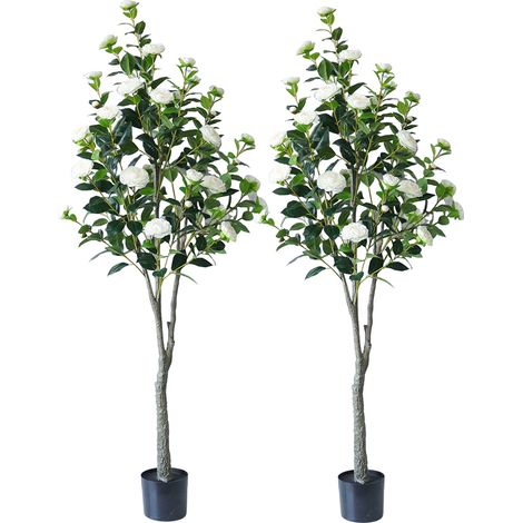 Lot de 2 Arbre à Fleurs de Camélia Blanc réaliste, 180cm Arbre à Fleurs Artificiel, Plante Florale en Pot Blanc pour la décoration intérieure de la Maison (1/5)