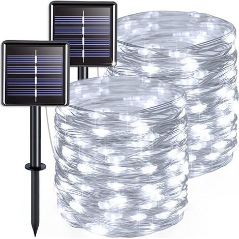 Juego de 2 guirnaldas de luces solares para exteriores, cable de cobre, resistentes al agua, 7 metros por guirnalda, 50 LED (luz blanca). (1/5)