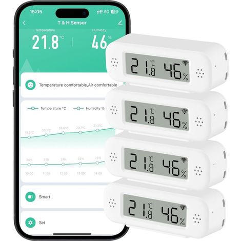Capteur de thermomètre et hygromètre Wifi, capteur de température et d'humidité avec alarme de notification d'application à distance, compatible avec Alexa(4 pièces) (1/5)