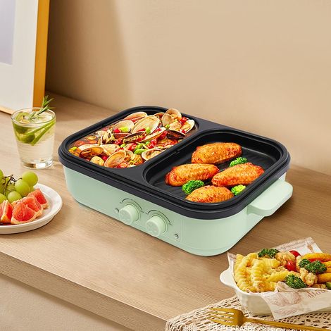 1300W Elektrogrill Hot Pot Grill, 2 in 1 Elektro Kochtopf Elektrischer Kochtopf, Zweifache Temperaturregelung für 1-3 Personen für Zuhause