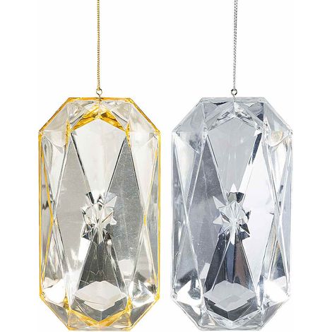Addobbi natalizi a diamante rettangolare in plastica colorata con fondo specchiato riflettente da appendere, set da 6 pezzi, cm 7 x 5 x 14 H