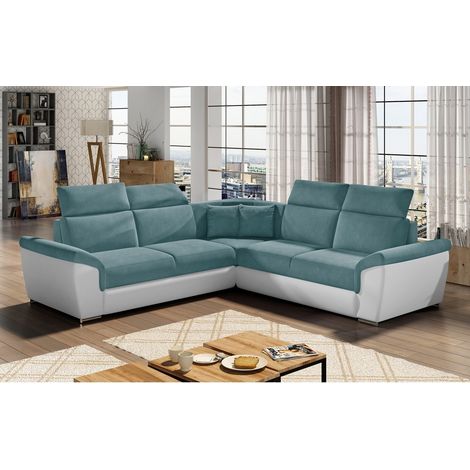 Canapé d'angle - convertible - FELIPE - en tissu bleu et simili cuir blanc, 5/6 places (1/5)