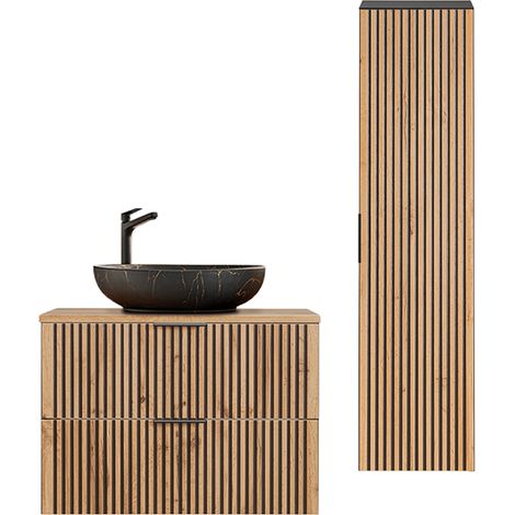 Conjunto de muebles con lavabo individual 80cm y columna Gaia Madera y Negro - Lavabo Negro (1/4)