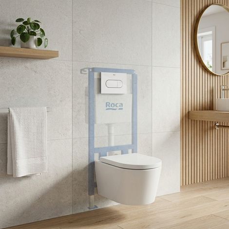 Pack WC con bastidor Roca + WC suspendido sin brida Swiss Aqua Technologies con tapa SoftClose + placa (ROSTBRWR01-IN)