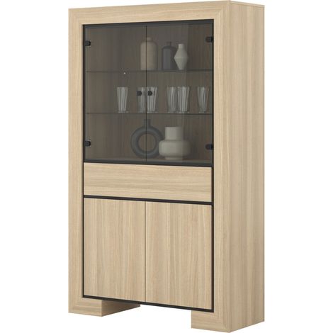 Vitrine breit COPA – 4 Türen (2 verglast, 2 voll) und 1 Schublade – Elegantes Eichenholz – Integrierte LED-Beleuchtung