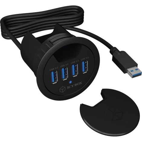 Hub USB de bureau (60 mm) à encastrer, 4 Ports USB 3.0, Passage de câble, Prise d'alimentation 5 V disponible, Noir, IB-HUB1403 (1/5)