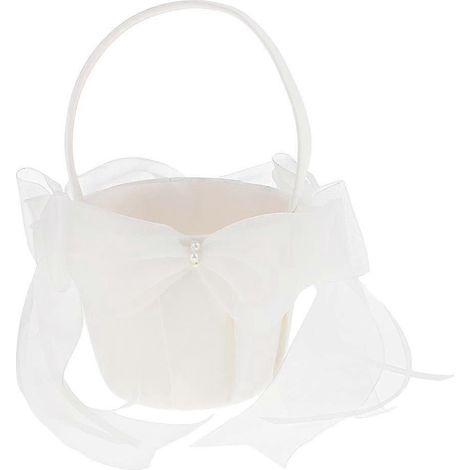 Panier de fleurs en satin beige avec grands nœuds, décoration de mariage et de fête. (1/5)