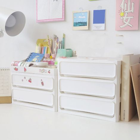 Fotogene, schubladenartige Aufbewahrungsbox für den Schreibtisch mit Zierband, für Kosmetikartikel, Schulmaterialien im Schülerzimmer, dreistöckiges weißes Regal (1/5)