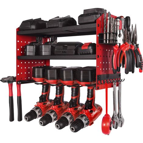 Support mural pour outils, 3 niveaux avec 4 supports de perceuse, rangement et panneau latéral à chevilles. Idéal pour garage, établi et atelier. (1/5)