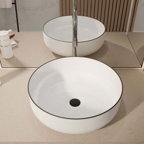 Lavabo da appoggiare rotondo in ceramica bianca con bordino Nero - ⌀42x14 cm