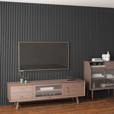 Set di 3 Pannello decorativo in legno MDF,L260xL30cm SP21mm, Pannelli fonoassorbenti scansionati in 3D con finitura effetto legno Rovere grigio