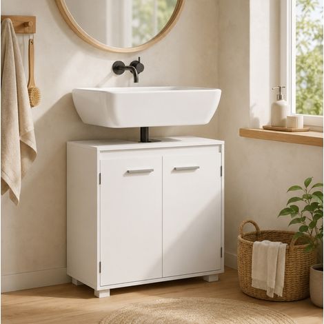 Mueble bajo lavabo 60 x 30 x 60 cm con recorte en U, estante regulable, blanco OKMYHOME (1/5)