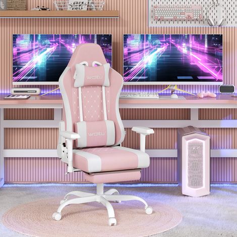 WOLTU Gaming Stuhl ergonomisch, Racing Gamer Sessel, Computerstuhl mit Rollen, Kopfstütze, Fußstütze, Lendenkissen, Drehstuhl 150 kg, aus Netzstoff, Rosa+Weiß (1/5)