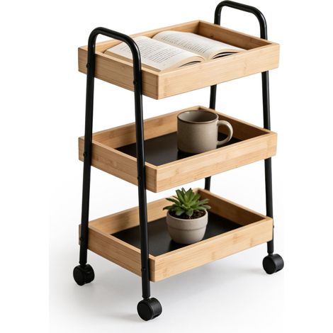 3-Tier Bathroom Trolley - Bamboo and Metal, Braked Wheels (1/5)