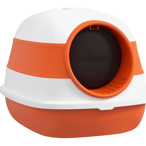 Toilettes pour chats, avec couvercle et cuillère à litière, pour chats jusqu'à 5 kg, 52 x 41 x 38 cm, blanc / orange
