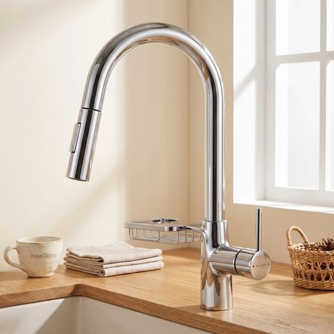 Robinet de Cuisine Mitigeur à Douchette Extractible 2 Modes – Bec Pivotant 360° – Panier de Rangement Intégré – Chromé Brillant - KeeGone Pro