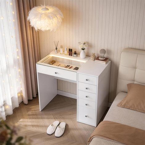 FENCHILIN Coiffeuse LED éclairage 6 Tiroirs Blanc 92 x 55 x 81 cm
