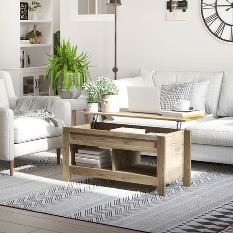 HOMCOM Table basse plateau relevable. table de salon avec étagères et compartiment caché.105 x 50 x 49-62.5 cm pour salon. chambre. aspect chêne clair