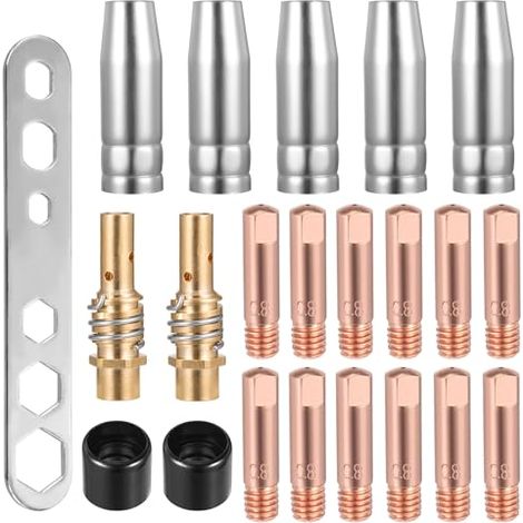 Juego de 22 consumibles para máquinas de soldadura MIG/MAG, que incluye 12 puntas de contacto M6 de 0,8 mm, 5 boquillas de soldadura, 2 portaboquillas, 2 aislantes y 1 llave para antorcha de soldadura