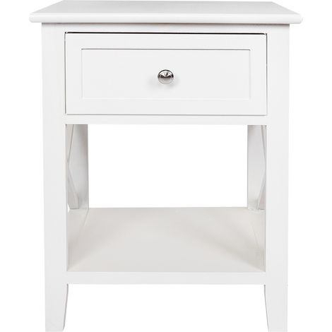 Mesa de noche blanca con cajón y estante abierto, diseño minimalista en paneles de partículas para dormitorio moderno (1/5)