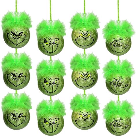 12 adorables adornos navideños con forma de elfo verde con pelo esponjoso, bolas navideñas colgantes con forma de monstruo ladrón. (1/4)