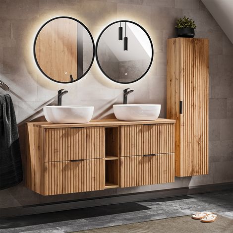 Doppelwaschtisch und Hängesäule 140cm Adriel mit 4 Schubladen, Holzoptik (1/5)