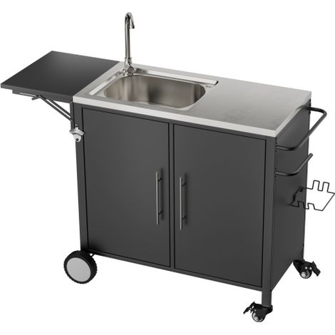 Table de barbecue avec évier, îlot de cuisine avec plan de travail rabattable et meuble de rangement en métal, chariot de barbecue à roulettes pour jardin, cour et pelouse (1/5)